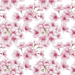 Seamless pattern with pink sakura flowers. Cherry blossom. Small pink buds and petals. Watercolor illustration without background. Hand drawn.