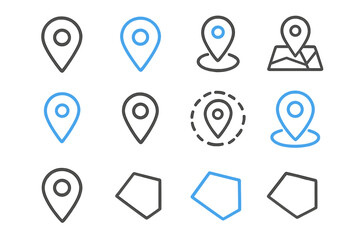 Glowing blue and black map location pin icon set on dark gradient background