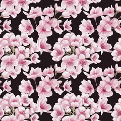 Seamless pattern with pink sakura flowers. Cherry blossom. Small pink buds and petals. Watercolor illustration without background. Hand drawn.