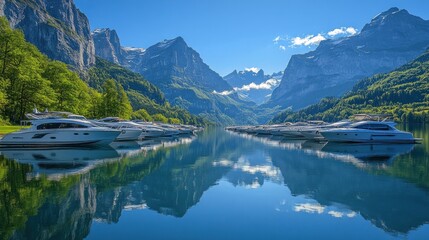 Alpine lake with yachts reflected