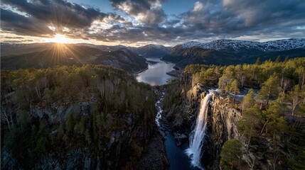 Majestic Waterfall Lake Forest at Dramatic Sunrise Sky