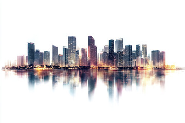 Obraz premium City skyline reflected in calm water at sunset beautiful urban landscape
