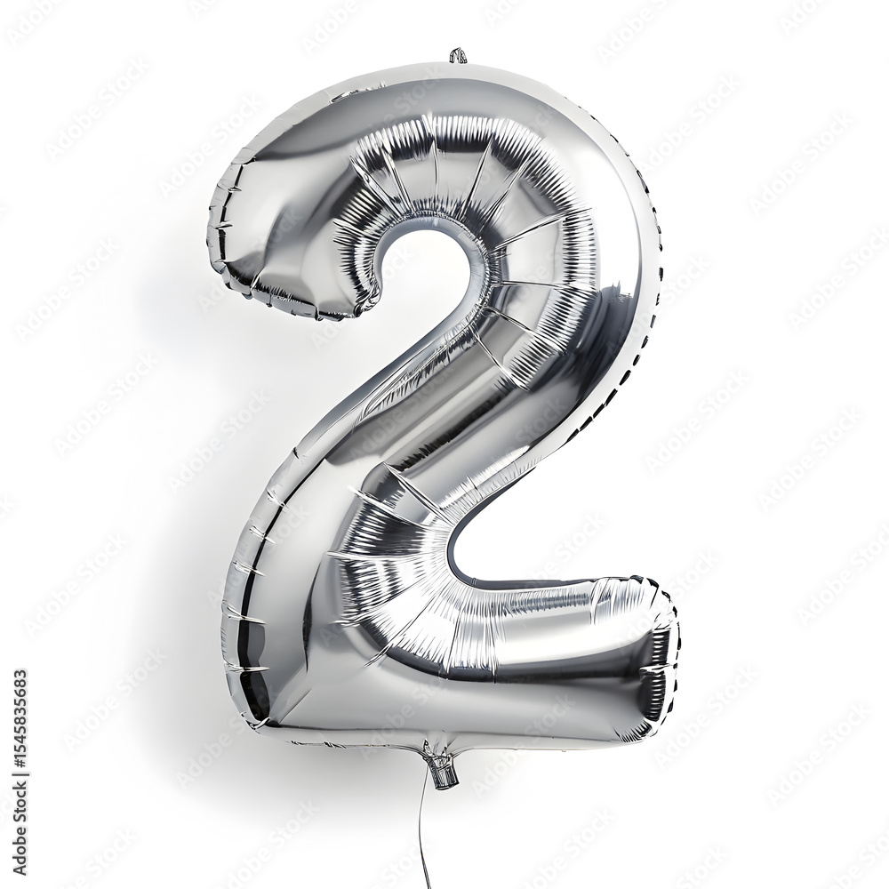 Fototapete a balloon shaped like the number 2 ,silver metallic finish with realistic reflections and smooth tex