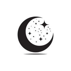 Minimalist Black and White Crescent Moon Logo with Stars and Shadow