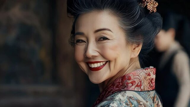 A beautiful old woman with black hair wearing Chinese traditional clothing