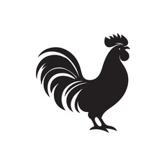 Minimalist Black and White Silhouette of a Rooster with Spread Tail Feathers