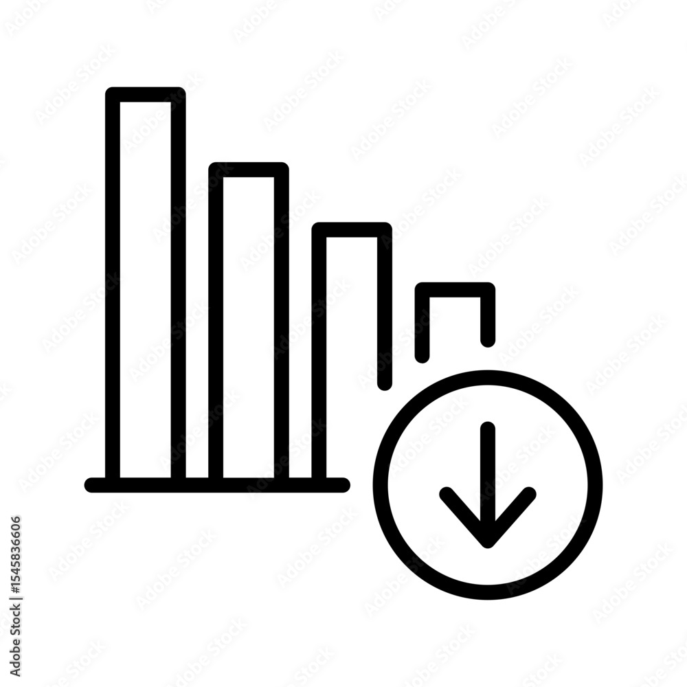 Poster black single financial graph with down arrow line icon, simple business decline flat design pictogra