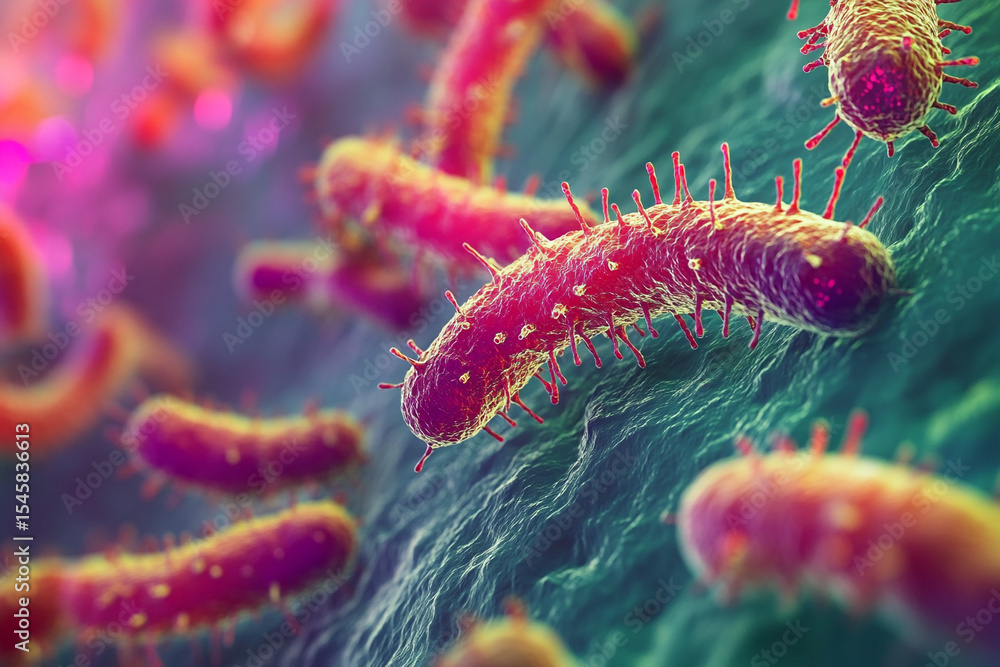 Poster microscopic view of colorful bacteria on a surface