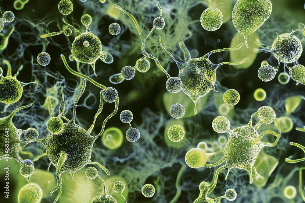Poster microscopic view of cells and microorganisms intricate network of life