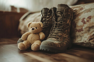 Military boots and teddy bear on wood floor near camouflage fabric