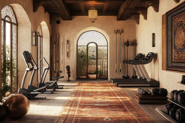 Luxurious fitness room with treadmills exercise bikes and weights in a beautiful setting