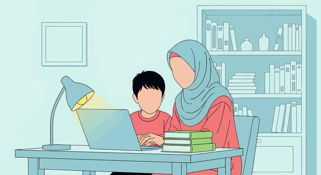 Adobe illustrator artwork vector illustration of a Muslim mother in hijab teaching her child at home, homeschooling during PJJ. Perfect for educational and family-themed designs