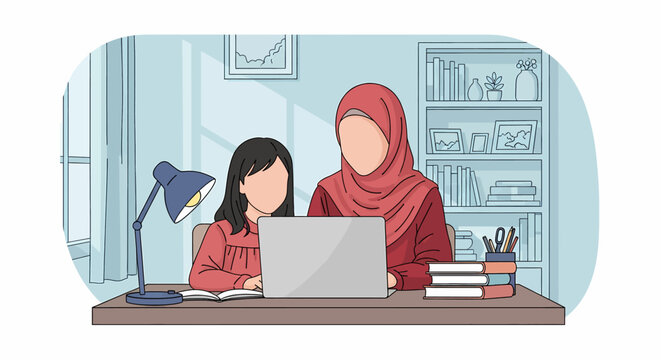 Adobe illustrator artwork vector illustration of a Muslim mother in hijab teaching her child at home, homeschooling during PJJ. Perfect for educational and family-themed designs