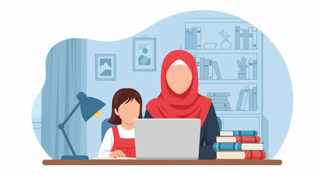 Adobe illustrator artwork vector illustration of a Muslim mother in hijab teaching her child at home, homeschooling during PJJ. Perfect for educational and family-themed designs
