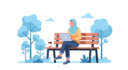 Adobe illustrator artwork vector illustration of an Indonesian Muslim woman in hijab working on a laptop while sitting on a park bench with a coffee. Outdoor work and lifestyle vector