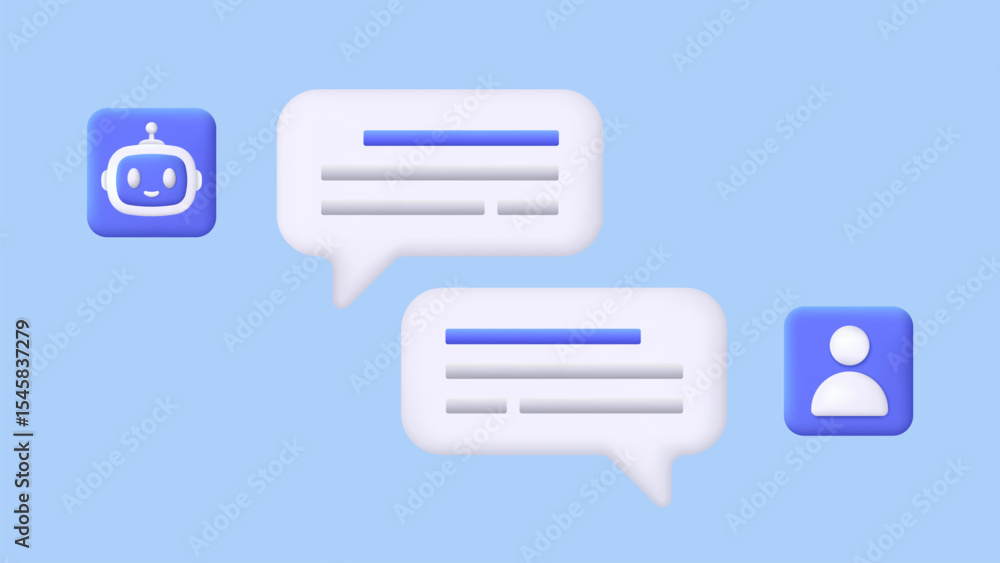 Poster 3D online chatbot app with messages. Dialog help service. User and bot speech messages. Artificial intelligence technology concept. Customer support service AI. Trendy and modern vector in 3d style.