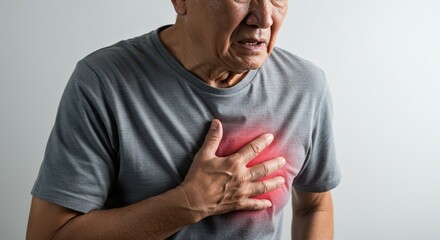 Senior man experiencing intense chest pain, clutching his heart with a pained expression.