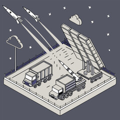 Isometric Illustration of Missile Launch Preparation Rockets, Trucks, and Launchpad