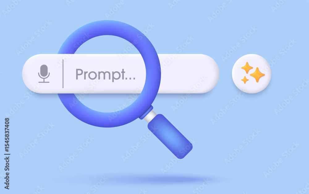 Poster Search engine bar and magnifying glass 3D. Chatbot and AI Assistant. Concept of Artificial Intelligence. Input prompt as commands for search and analysis by AI. Trendy and modern vector in 3d style.