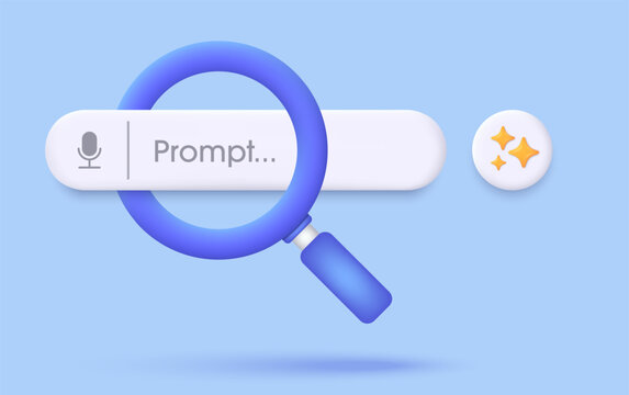 Search engine bar and magnifying glass 3D. Chatbot and AI Assistant. Concept of Artificial Intelligence. Input prompt as commands for search and analysis by AI. Trendy and modern vector in 3d style.