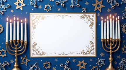 A Hanukkah celebration scene with two menorahs, lighted candles, Stars of David, and a decorative blank frame for festive greetings on a blue background