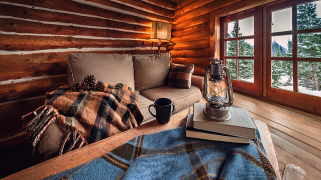 Add details of a cozy wooden cabin interior, with plaid fabric, books, a lantern, and pinecones on the table.