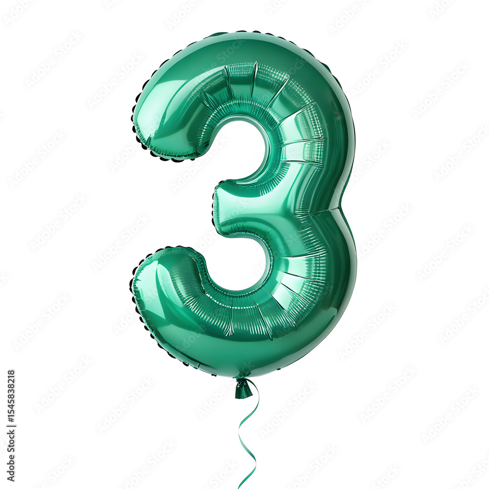 Fototapete a balloon shaped like the number 3,emerald green metallic finish with realistic reflections and smoo