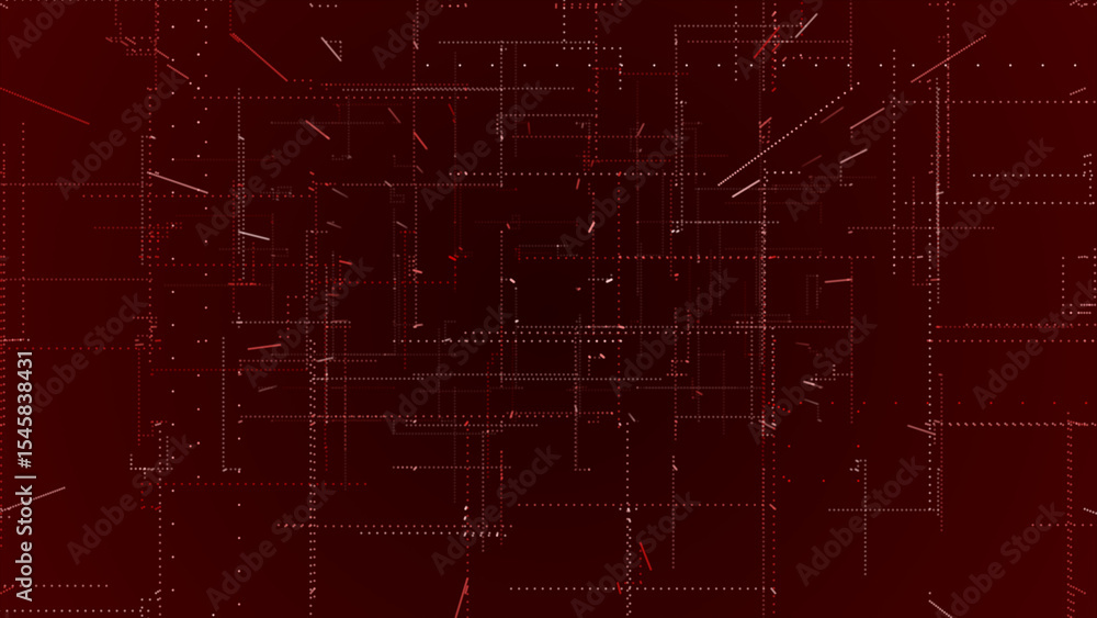 Poster flying through the 3d big data digital particles in cyber space, red particles hi-tech technological