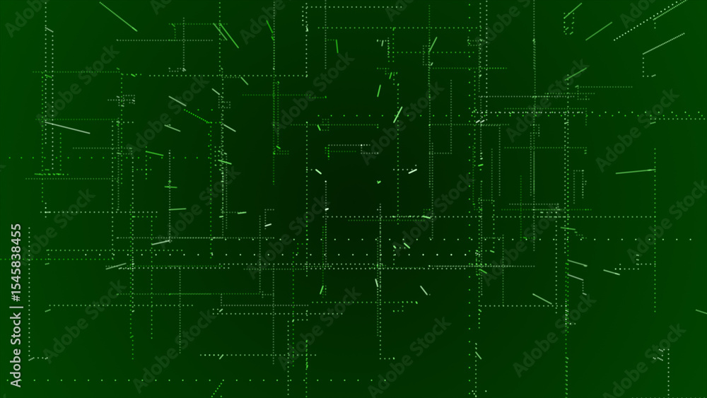 Poster flying through the 3d big data digital particles in cyber space, green particles hi-tech technologic