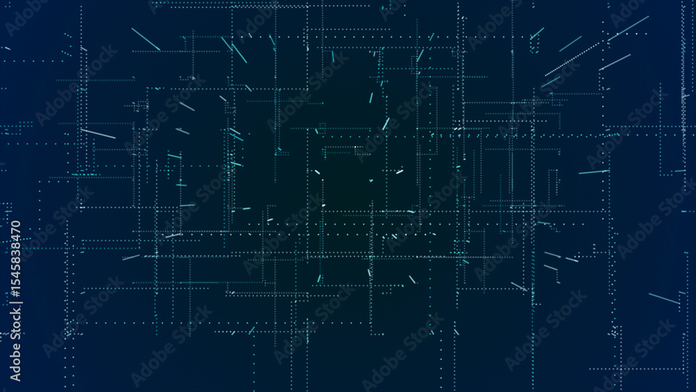 Aufkleber flying through the 3d big data digital particles in cyber space, cyan particles hi-tech technologica