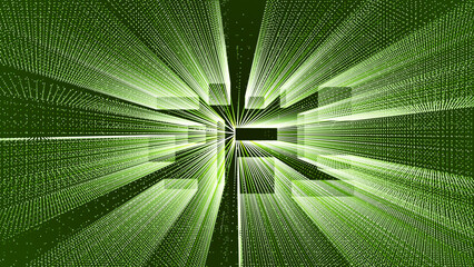 Moving through digital technological particles tunnel, 3d big data digital square tunnel background