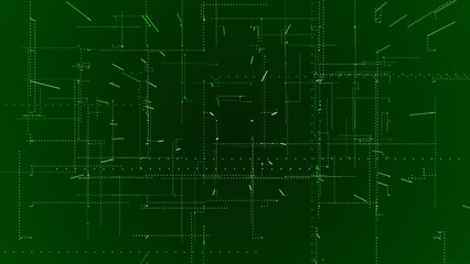 Flying through the 3d big data digital particles in cyber space, Green particles hi-tech...