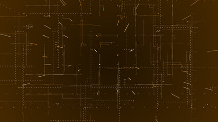 Flying through the 3d big data digital particles in cyber space, Orange particles hi-tech technological background