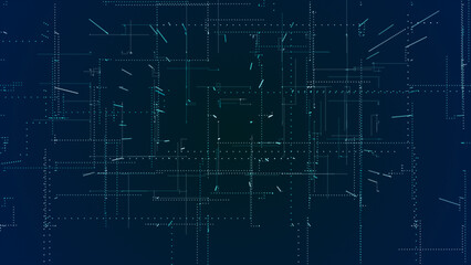 Fototapeta premium Flying through the 3d big data digital particles in cyber space, Cyan particles hi-tech technological background