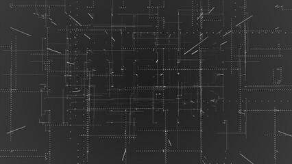 Flying through the 3d big data digital particles in cyber space, White and Black particles hi-tech technological background