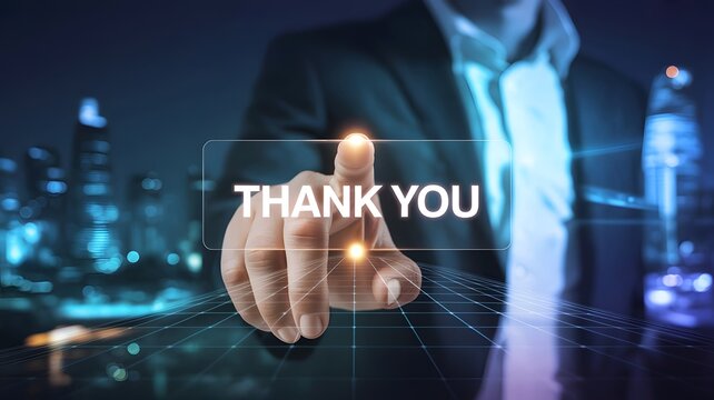 Thank You message, A person interacts with glowing "Thank You" on virtual interface, symbolizing gratitude, appreciation, or acknowledgment in business or personal context. business interactions,
