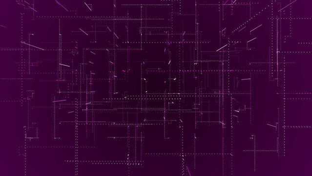 Flying through the 3d big data digital particles in cyber space, Pink particles hi-tech technological background