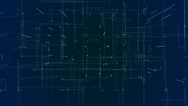 Flying through the 3d big data digital particles in cyber space, Cyan particles hi-tech technological background - Powered by Adobe