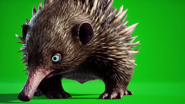 Spiky, brown echidna stands on a bright green surface, looking toward the left