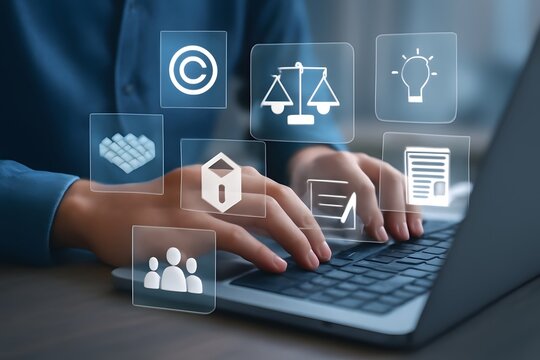 Copyright or patent concept. Professional working on a laptop with digital icons representing intellectual property and digital copyright law. Trademark license, copyleft, Rights symbol, Piracy crime
