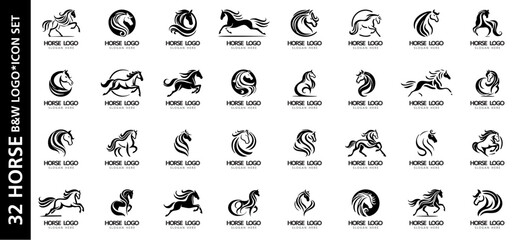 Set of elegant luxury horse logos in black and white. Ideal for premium branding, mustang emblems, car logos, equestrian clubs and horse-related businesses.