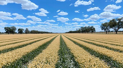 a golden canola field stretching far beyond view, low-angle sunlight casting vibrant hues, scattered white clouds above, fences and trees at the far edge