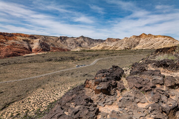 Cedar Bench lava flow (lower Pleistocene) / Trachybasalt,  Snow Canyon Scenic Overlook, Snow Canyon State Park, Utah geology. Red Cliffs National Conservation Area


