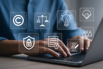 Copyright or patent concept. Professional working on a laptop with digital icons representing intellectual property and digital copyright law. Trademark license, copyleft, Rights symbol, Piracy crime
