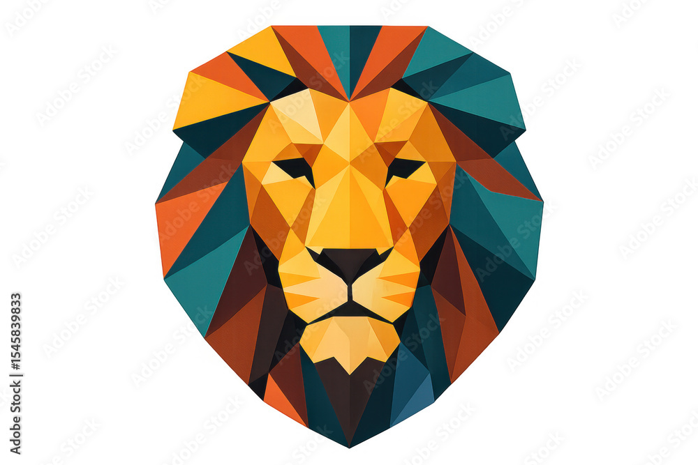 Poster geometric lion portrait showcasing bold color palette, displaying powerful angular design highlighti