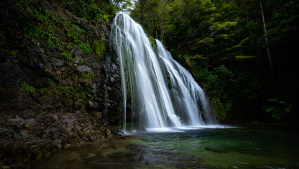 Serene waterfall cascading down mossy cliff in lush forest