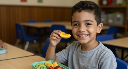 Smiling boy enjoys a healthy peach slice at his school desk during lunchtime