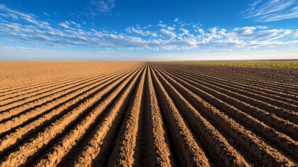 freshly plowed farmland with rich, dark soil, sharp linear furrows leading the eye toward a vanishing point, early sunlight casting long shadows across the terrain