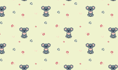 Seamless Koala Pattern with Flowers on Light Green Background – Cute Hand-Drawn Animal Design for Kids
