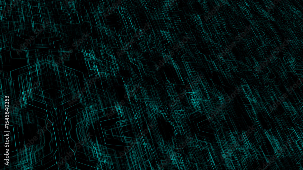 Poster hi-tech tech particles waves flowing through technology background, cyan digital technology backgrou